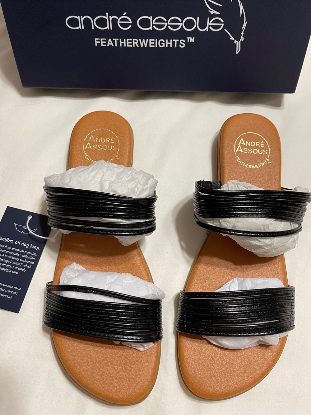 Andre Assous Black and Tan Double-Striped Slide Sandals